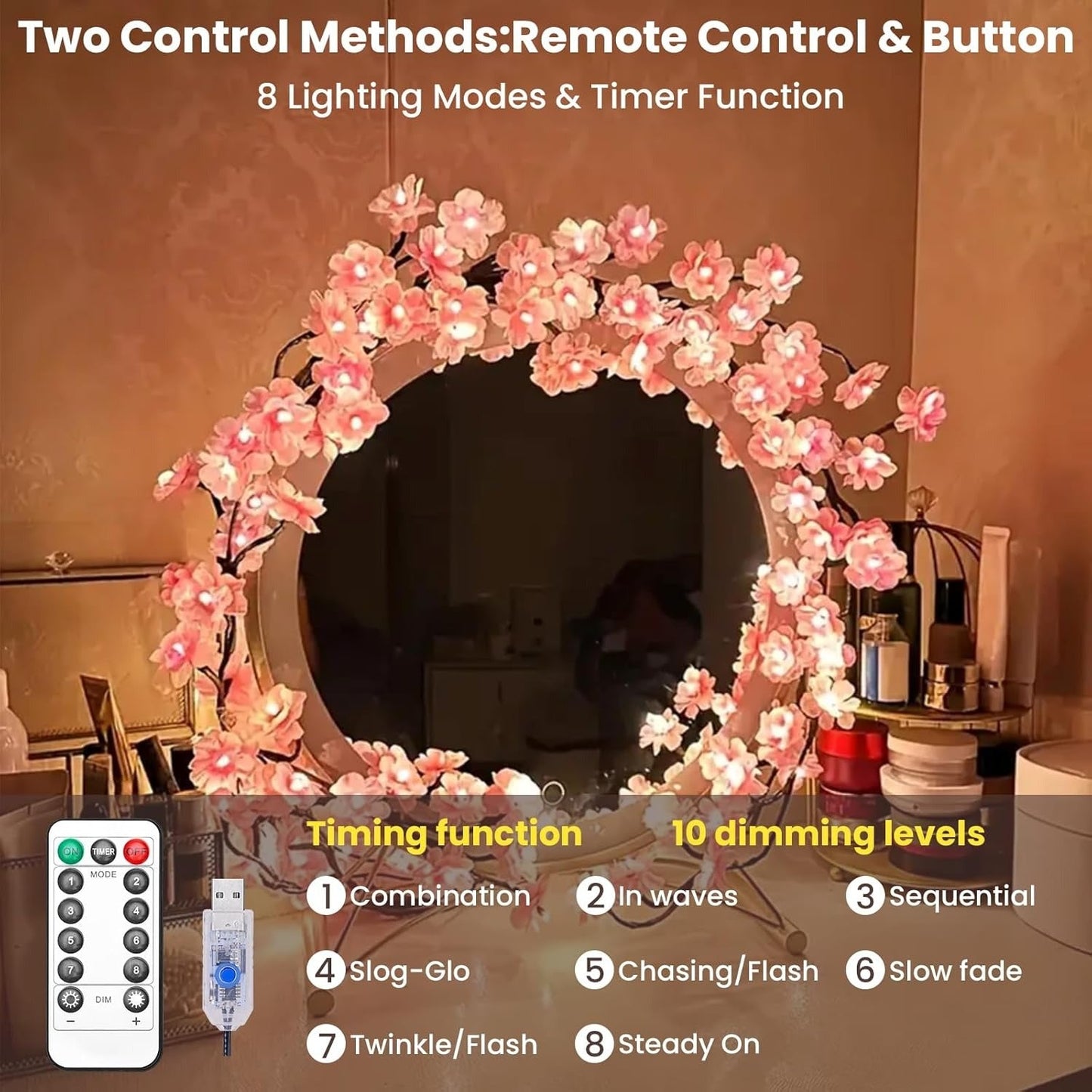 Cherry Blossom Tree Lights, USB Powered Vine With 96 LEDs